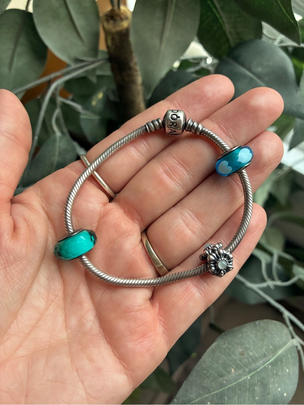 PANDORA Silver Snake Chain Bracelet with Blue & Teal Murano Glass Charms